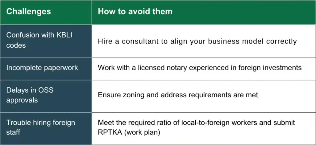 Table listing common challenges in setting up a business in Indonesia and tips on how to avoid them.