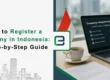 A guide cover featuring a city skyline on the left and an image of a laptop displaying a company registration checklist on the right, with a coffee cup and hands typing.