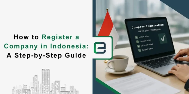 A guide cover featuring a city skyline on the left and an image of a laptop displaying a company registration checklist on the right, with a coffee cup and hands typing.