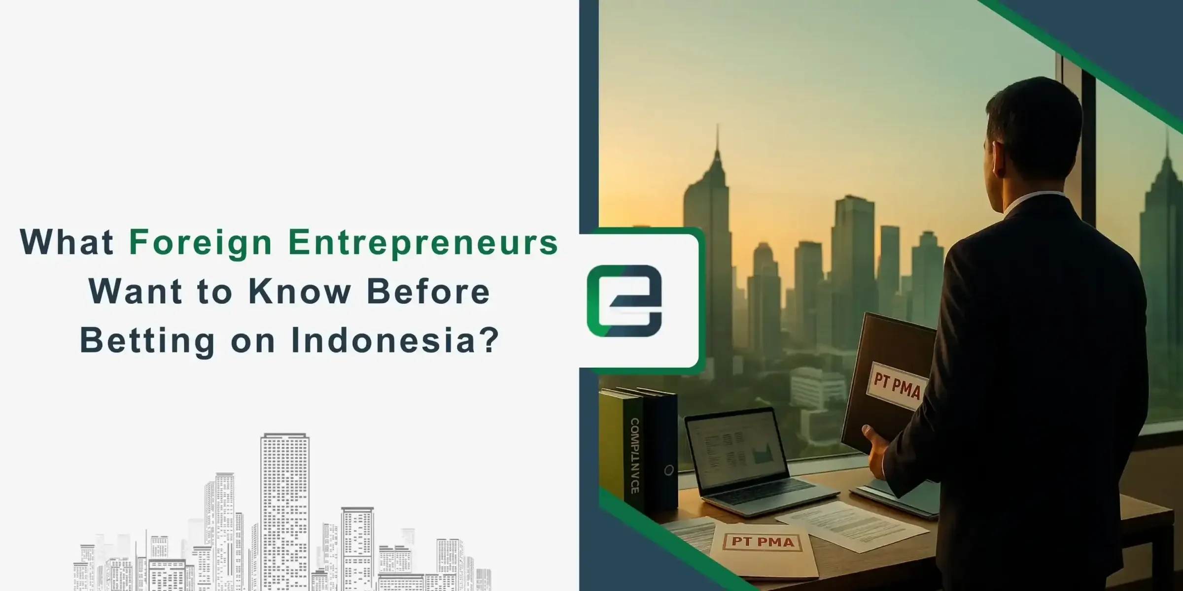 Entrepreneur with PT PMA files overlooking Jakarta skyline.