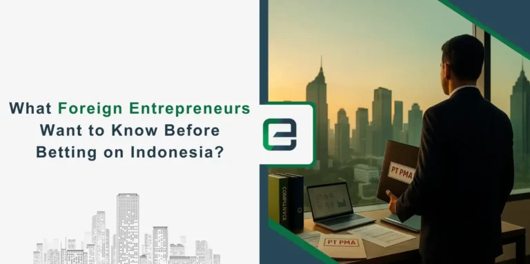 Entrepreneur with PT PMA files overlooking Jakarta skyline.