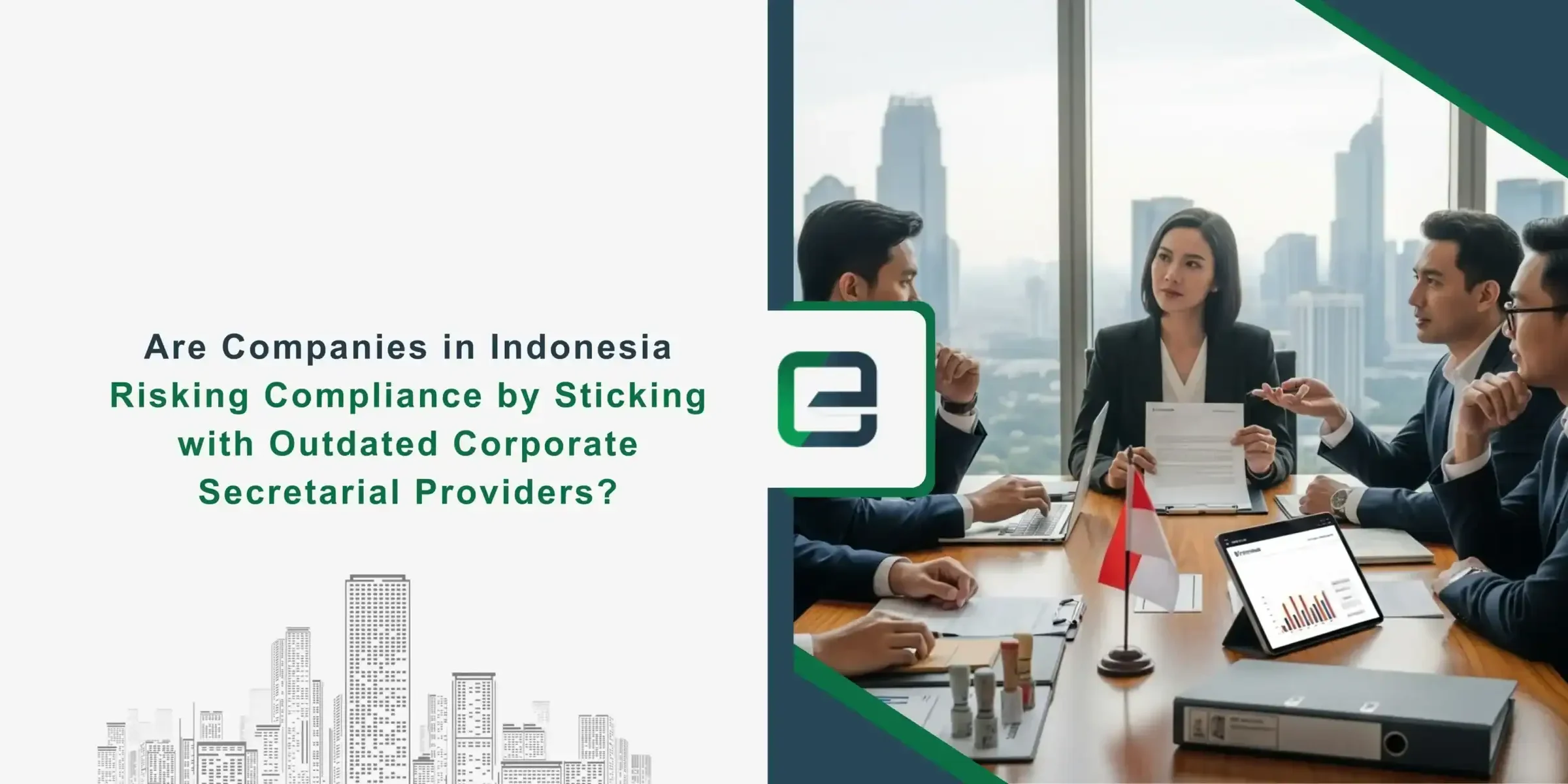 Business professionals reviewing documents, highlighting the risks of compliance when Indonesian companies rely on outdated corporate secretarial providers