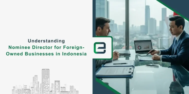 Business executive reviewing nominee director agreements for foreign-owned business in Indonesia with laptop and legal documents on desk